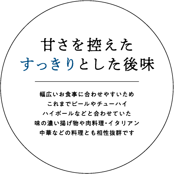 甘さを控えたすっきりとした後味｜幅広いお食事に合わせやすいためこれまでビールやチューハイハイボールなどと合わせていた味の濃い揚げ物や肉料理・イタリアン・中華などの料理とも相性抜群です