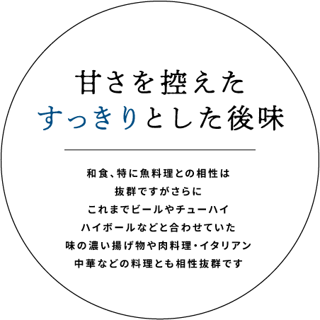 甘さを控えたすっきりとした後味｜幅広いお食事に合わせやすいためこれまでビールやチューハイハイボールなどと合わせていた味の濃い揚げ物や肉料理・イタリアン・中華などの料理とも相性抜群です